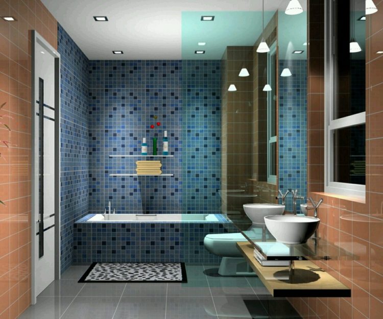 badrum kontrast kakel färger idéer brun blå mosaik