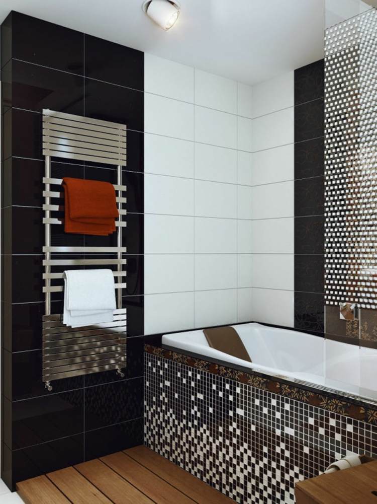 svart vitbrun mosaikplattor idéer modernt badkar