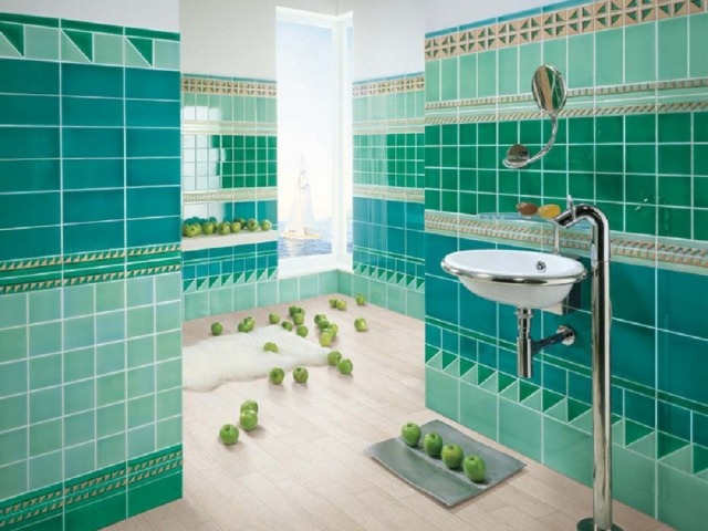 Design-idéer-väggbeklädnad-badrum-gröna-kakel-harmoniska-färg nyanser