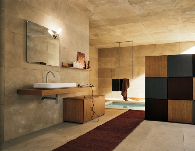 Idéer-badrum-väggdesign-design-natursten-sandsten-trä-handfat