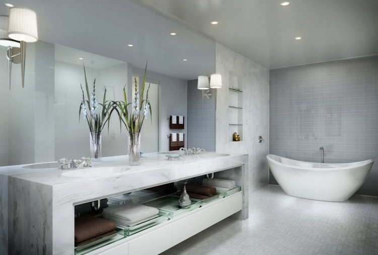 Kakel design-badrum-lyx-marmor-fristående-badkar-dubbla handfat