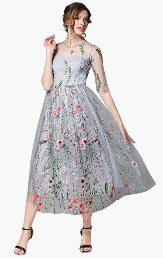 Floral κεντημένο Midi φόρεμα