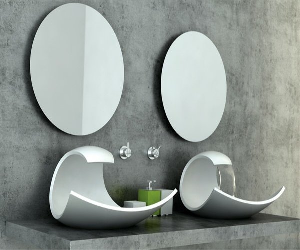 unikt tvättställ-rostfritt stål-spegel-rund-betongvägg