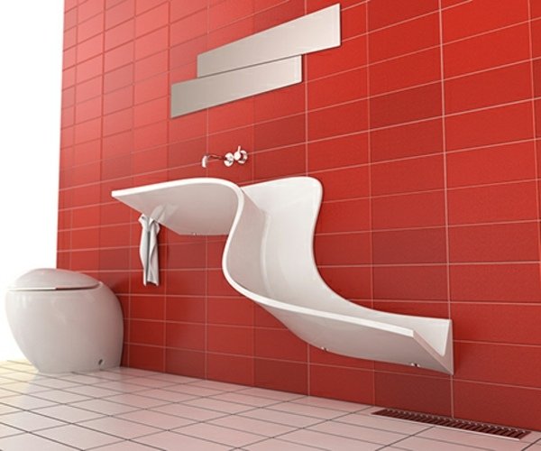 unikt handfat -design-modell-vattenfall-röda plattor