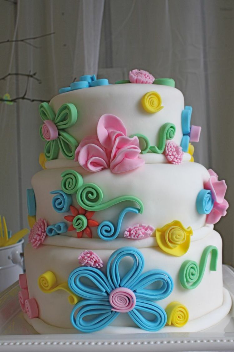 Fondant-tårta-färgglada-färger-glada-blommor-blommig-födelsedag-quilling