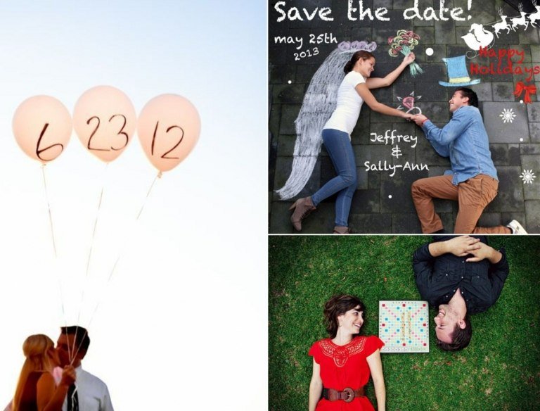 Spara datumkortet ta foton med ballonger, scrabble eller krita