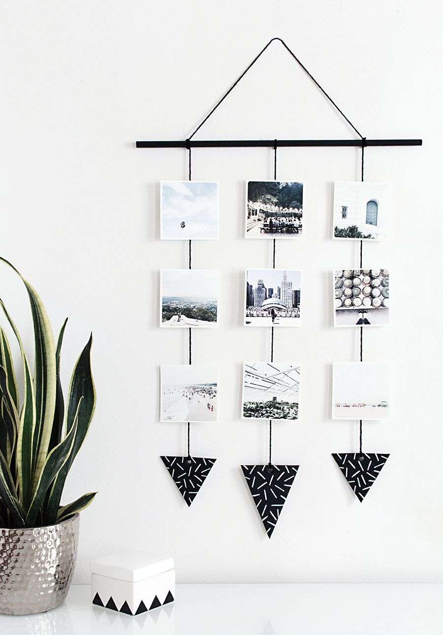 Häng upp foton på ett kreativt sätt, designa en minimalistisk vägg med interiör