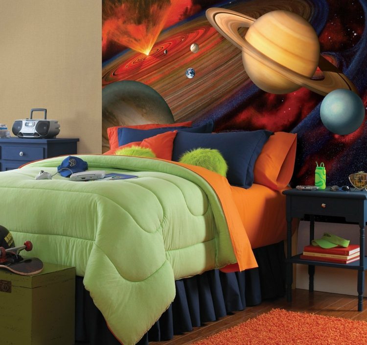 Fototapet barnkammare pojkar rum planeter över säng sänggavel