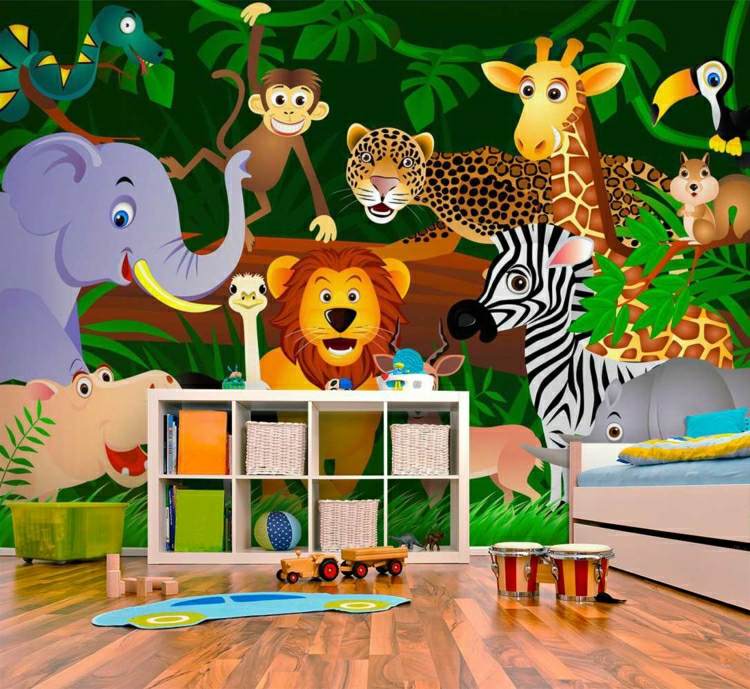 Fototapeter i barnrummet djungellejon elefantgiraff