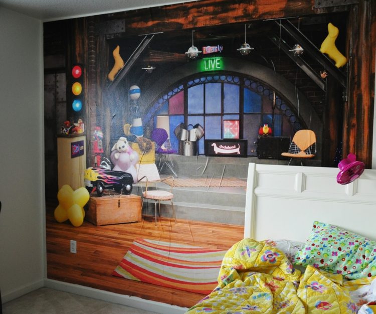 fototapet-i-barnrummet-modern-idé-vind-bild-vit-säng