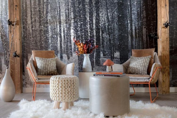 fototapet-skog-sovrum-svart-vit-snö-chalet-stil