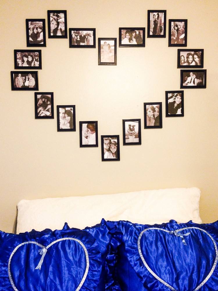 DIY fotovägg hjärta över säng tavelram