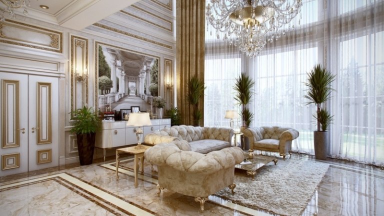 lyxig inredning fransk stort vardagsrum soffa skänk