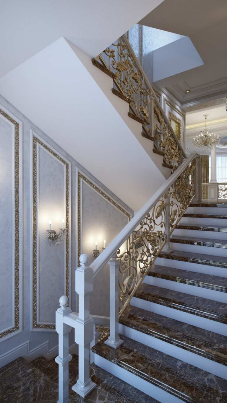 lyxig inredning fransk ädel trappa vit balustrade trä marmor