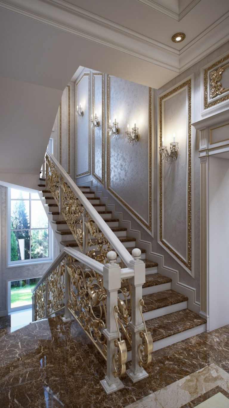 lyxig inredning franska vägglampor trappor trappsteg marmorbrun