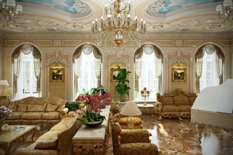 lyxig inredning fransk romantisk interiör design av guldsoffa