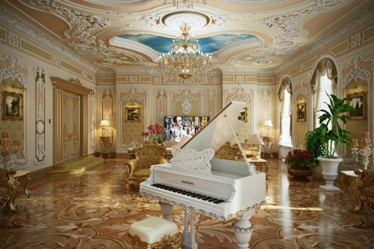 lyxig inredning fransk piano vitt parkett ädla takprydnader ljusblå