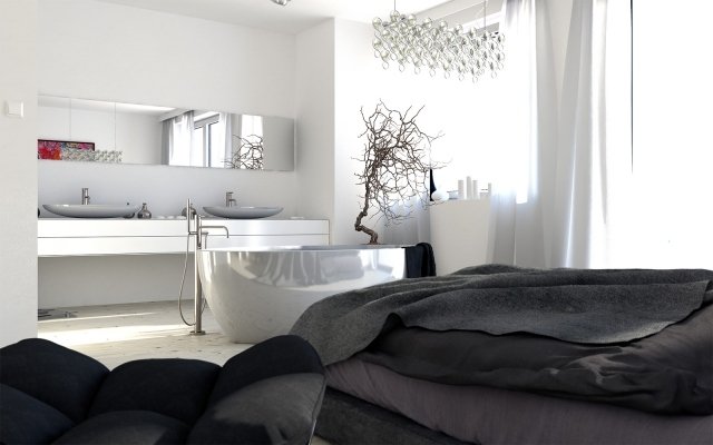 fristående badkar i sovrummet oval svart och vitt