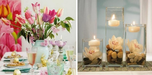 bordsdekoration-med snittblommor lyktor telys