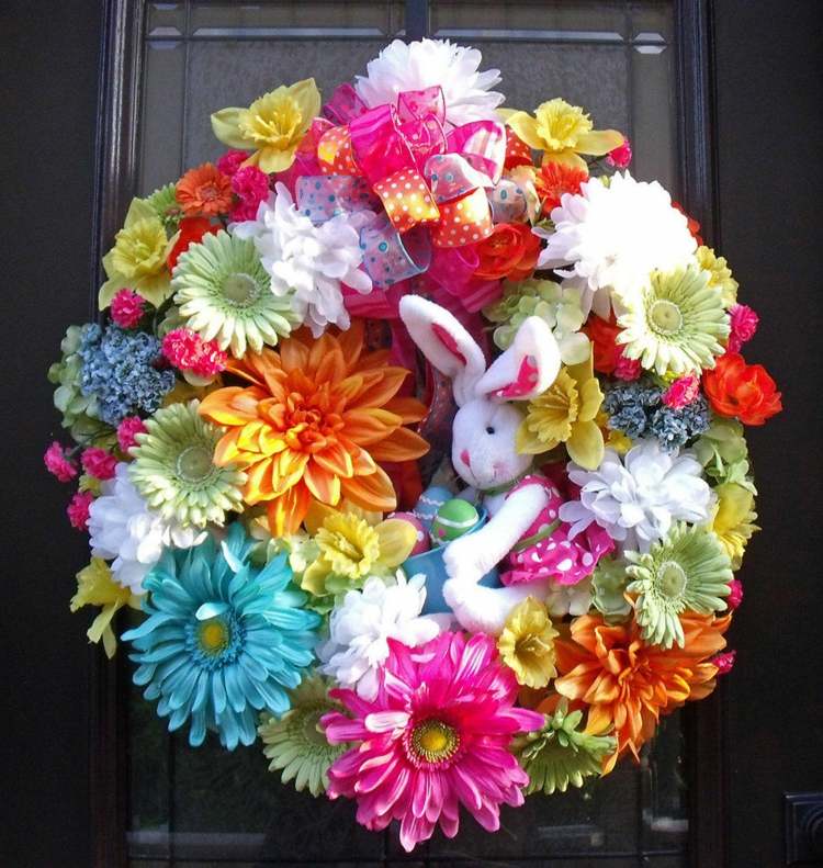Påskkrans-pyssel-vår-blommor-blommor-rosett-siden-organza-plysch-kanin-dekoration-påsk-ägg-skål