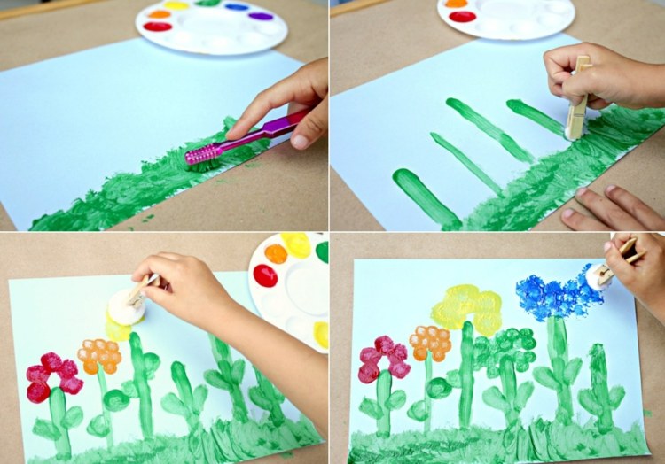 Måla vårbilder med akrylfärger och pomponger - dab blomblad
