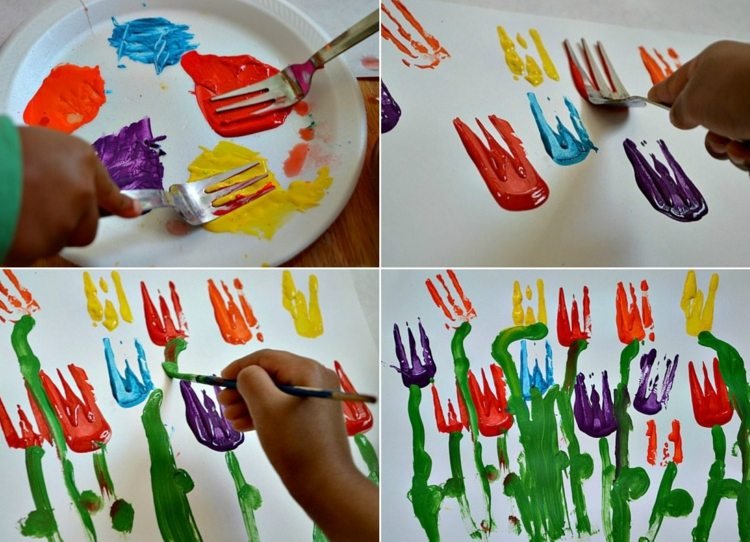 Måla vårbilder på dagis - färgglada tulpaner på en äng med gaffel och pensel