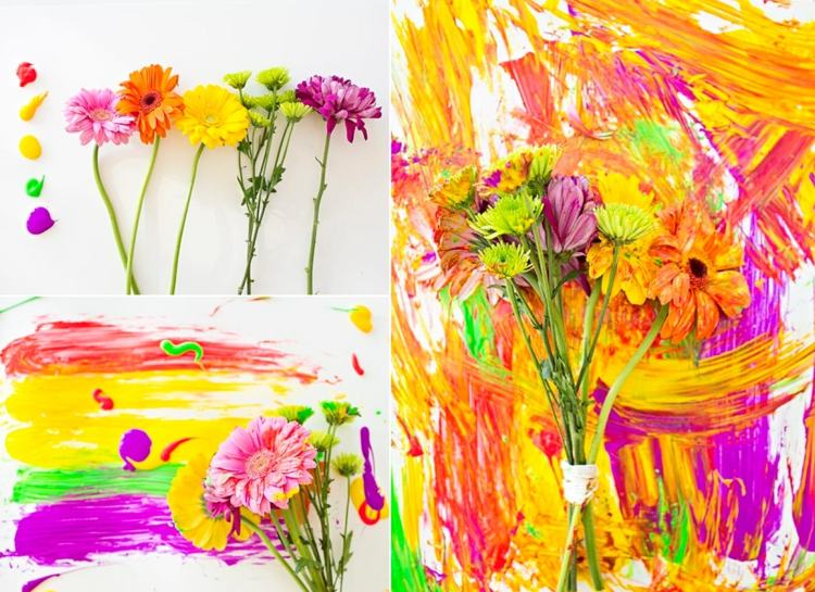Måla vårbilder med akryl - använd blommor istället för penslar