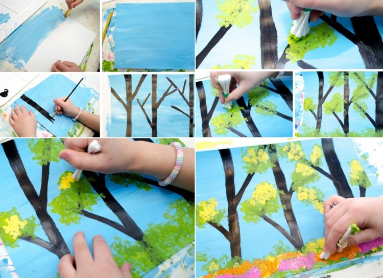 Måla ett träd för vårbilder och designa blad och blommor med bomullspinnar