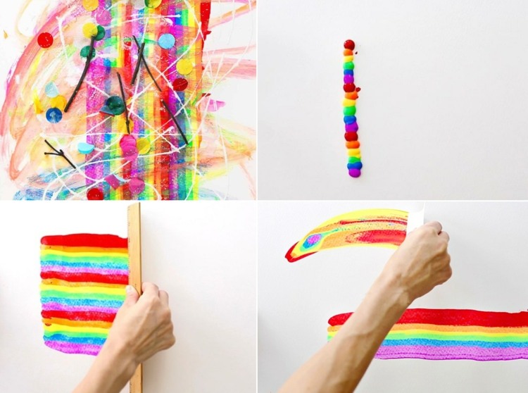 Regnbåge målad på papper med linjal och dekorerad med konfetti