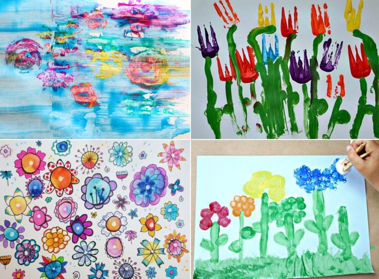 Måla vårbilder med blommor - akryl och akvarell med gaffel, pomponger och blommor