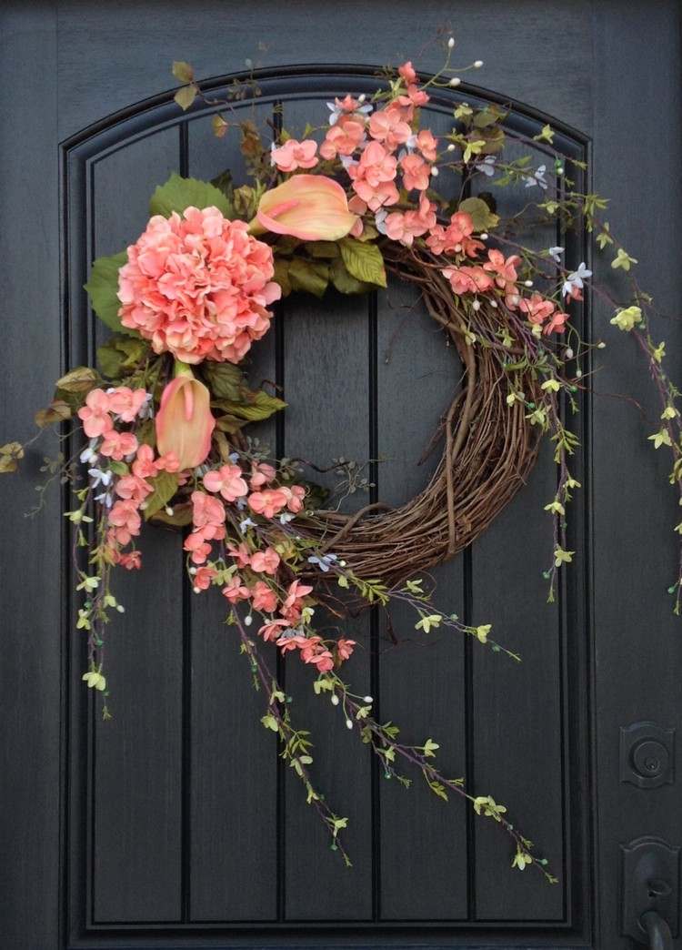 vår-dekoration-trä-gör-det-själv-dörr-krans-grenar-blommar