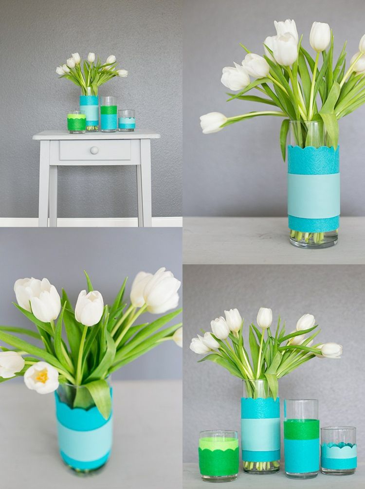 vårdekorationsidéer vaser-tinker-läder-grön-blå-tulpaner-vita