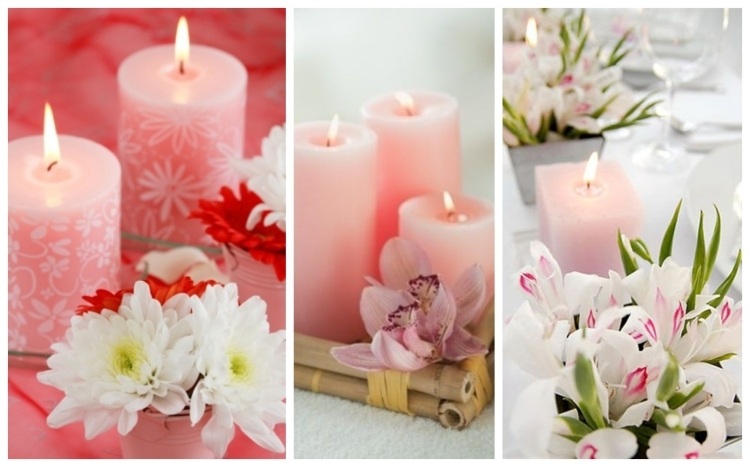 Vår-dekoration-ljus-idéer-pelarljus-mjuka rosa-färg-blommor