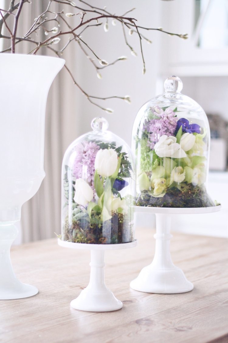 Vårdekoration med tulpaner, hyacint-mossa-glassklockor