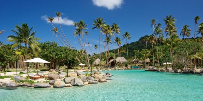 Laucala-privat ö resort-lyx resort palmer villor-södra Stilla havet