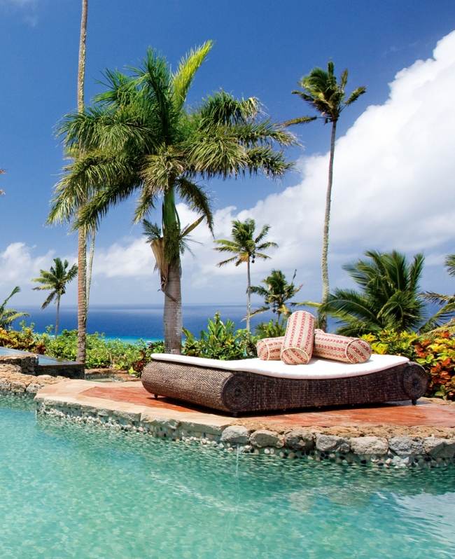 Private Island-Laucala Vacation Resort Retreat-Luxury-Outdoor Palm Trees-Wicker Furniture