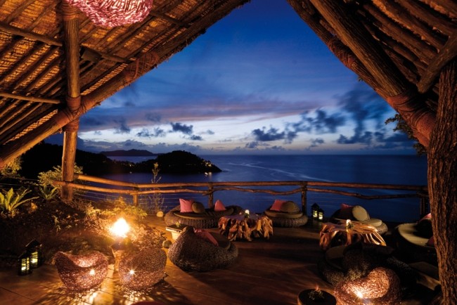 Rustik uteplats räcke-trä däck-solnedgång Vistas-Resort-Pacific Fiji