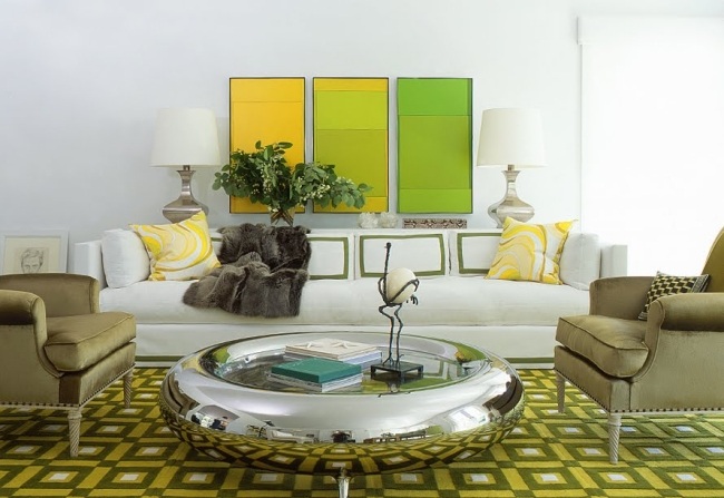 färger vardagsrum grön gul vit metalliskt blank soffbord