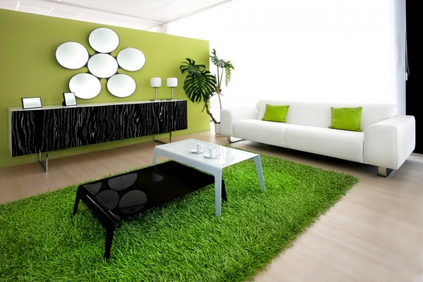 färger i vardagsrummet grön vit svart schaggy matta