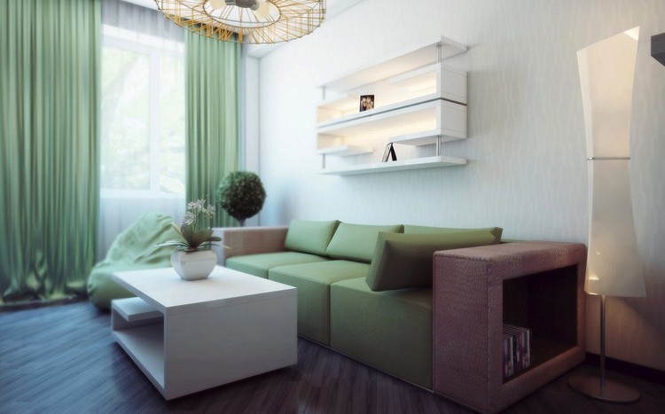 Färger i vardagsrummet: grön-soffa-gardiner-vit-tapet-trägolv