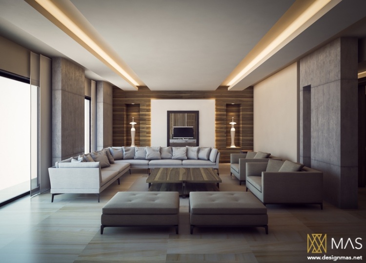 Idéer-inredning-grå-hörn-soffa-tak-belysning-minimalistisk-svartvit-stil