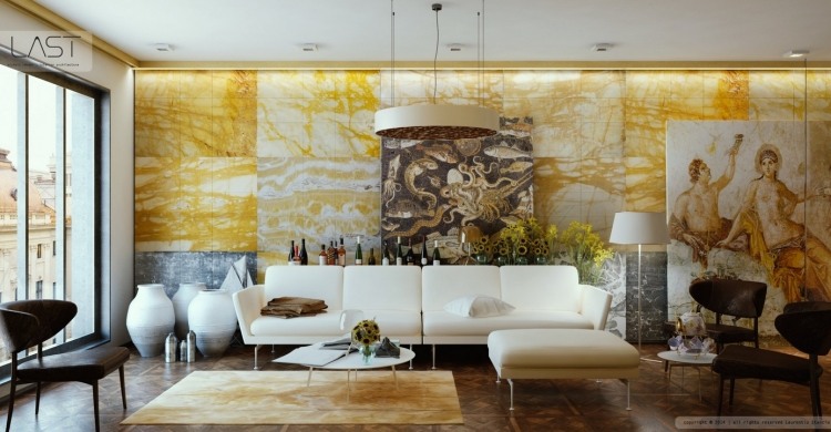 Idéer-inredning-vardagsrum-gul-vägg-marmor-målning-klassisk-konst
