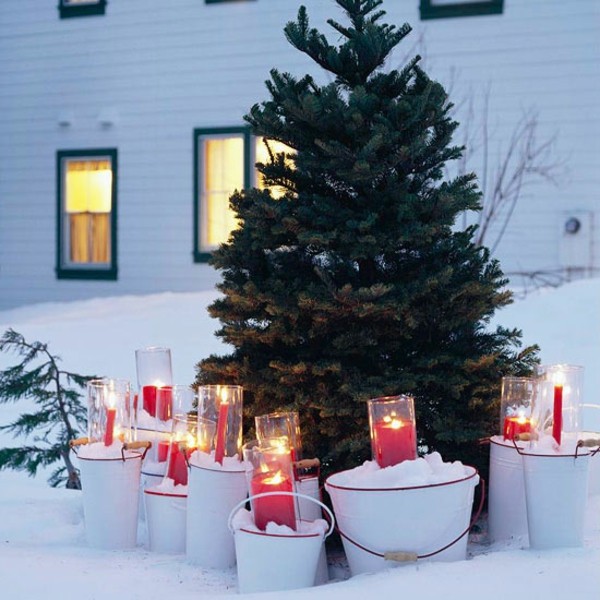 Vinterdekoration lyktor Led ljus Julgran trädgård snö