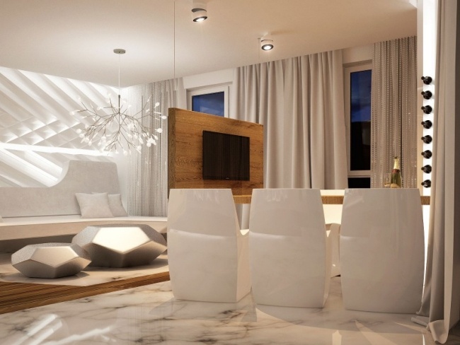 Designer lägenhet-vardagsrum loft-karaktär-matplats-moderna stolar-massivt trä-matbord TV-möbler