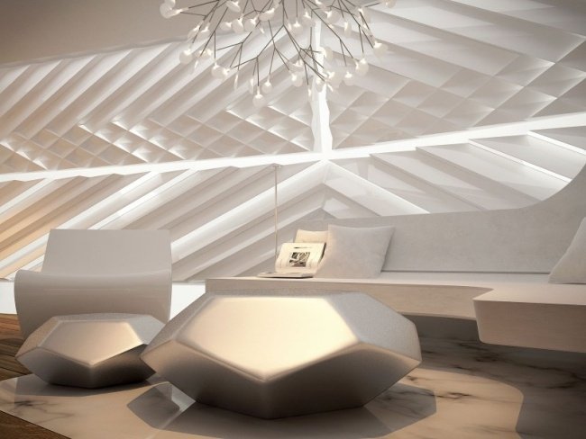 Panelvägg vit vardagsrumsmöbler futuristisk bordslampa ljuskrona