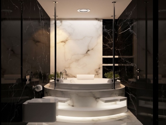 Glansiga ytor i badrummet, marmorlook, ovalt badkar, bubbelpoolfunktion