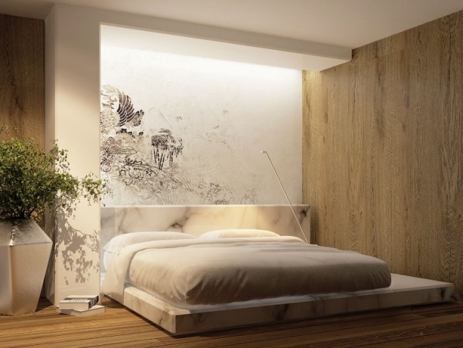 3d visualisering modern platt-sovrum säng på piedestal japansk stil