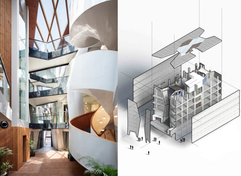 Spiraltrappa i atriumhuset modern rumsplanering säkerställer optimala ljusförhållanden