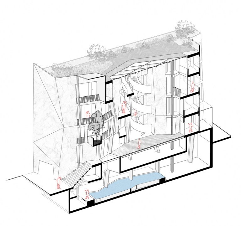 Atriumhus med glastak består av två byggnadsvolymer, planritning visar alla fyra våningarna