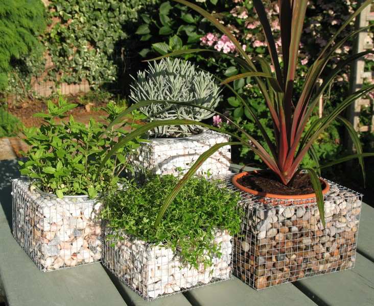 Gabion vägg-trädgård-design-dekorativa-blomkrukor-krukväxter-grönska